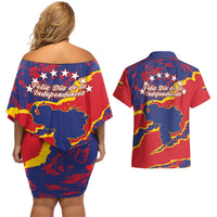 Red off-shoulder short dress and Hawaiian shirt set with Venezuela graphic, back view