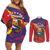 Red off-shoulder dress and button shirt set—Venezuela emblem graphic