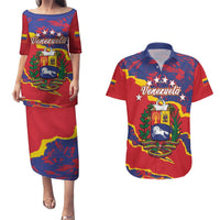 Couples matching Venezuela independence dress and Hawaiian shirt, red graphic crest set
