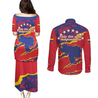 Red graphic pulletasi dress and long-sleeve button shirt, back view, country map print