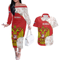 Russia Independence Day Couples Matching Off The Shoulder Long Sleeve Dress and Hawaiian Shirt Coat Of Arms With Map - Wonder Print Shop