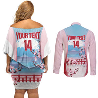 Japan Rugby Custom Couples Matching Off Shoulder Short Dress and Long Sleeve Button Shirt Go Sakuras Japanese Mount Fuji