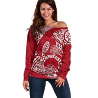 Polynesian Pride Hawaii Off Shoulder Sweater Hawaiian Tribal Honu Red Version - Wonder Print Shop