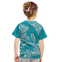 Kids turquoise short-sleeve T-shirt with white honu tribal back graphic
