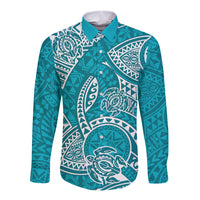 Polynesian Pride Hawaii Long Sleeve Button Shirt Hawaiian Tribal Honu Turquoise Version - Wonder Print Shop