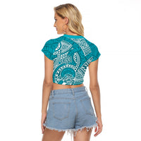 Polynesian Pride Hawaii Raglan Cropped T Shirt Hawaiian Tribal Honu Turquoise Version - Wonder Print Shop