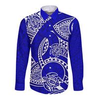 Polynesian Pride Hawaii Long Sleeve Button Shirt Hawaiian Tribal Honu Blue Version - Wonder Print Shop