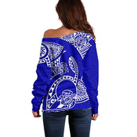 Polynesian Pride Hawaii Off Shoulder Sweater Hawaiian Tribal Honu Blue Version - Wonder Print Shop