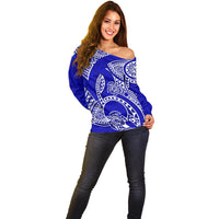 Polynesian Pride Hawaii Off Shoulder Sweater Hawaiian Tribal Honu Blue Version - Wonder Print Shop