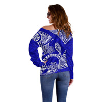 Polynesian Pride Hawaii Off Shoulder Sweater Hawaiian Tribal Honu Blue Version - Wonder Print Shop