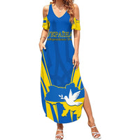 Women’s blue off-shoulder maxi dress with yellow trim and patriotic eagle print, V-neck