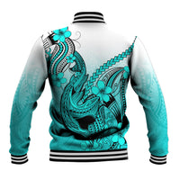 Hawaii Baseball Jacket Polynesian Shark Tattoo With Plumeria Turquoise Gradient - Wonder Print Shop