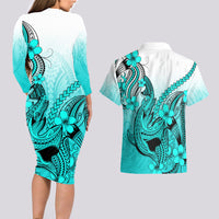 Hawaii Couples Matching Long Sleeve Bodycon Dress and Hawaiian Shirt Polynesian Shark Tattoo With Plumeria Turquoise Gradient - Wonder Print Shop