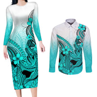 Hawaii Couples Matching Long Sleeve Bodycon Dress and Long Sleeve Button Shirts Polynesian Shark Tattoo With Plumeria Turquoise Gradient - Wonder Print Shop