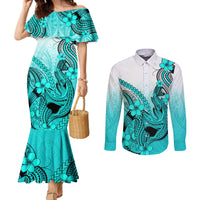 hawaii-couples-matching-mermaid-dress-and-long-sleeve-button-shirts-polynesian-shark-tattoo-with-plumeria-turquoise-gradient