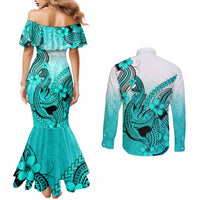 hawaii-couples-matching-mermaid-dress-and-long-sleeve-button-shirts-polynesian-shark-tattoo-with-plumeria-turquoise-gradient
