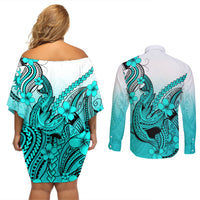 Hawaii Couples Matching Off Shoulder Short Dress and Long Sleeve Button Shirts Polynesian Shark Tattoo With Plumeria Turquoise Gradient - Wonder Print Shop
