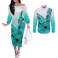 hawaii-couples-matching-off-the-shoulder-long-sleeve-dress-and-long-sleeve-button-shirts-polynesian-shark-tattoo-with-plumeria-turquoise-gradient