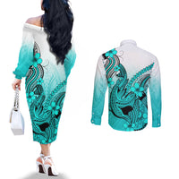 hawaii-couples-matching-off-the-shoulder-long-sleeve-dress-and-long-sleeve-button-shirts-polynesian-shark-tattoo-with-plumeria-turquoise-gradient