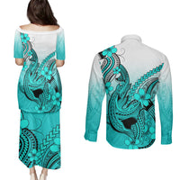 Hawaii Couples Matching Puletasi Dress and Long Sleeve Button Shirts Polynesian Shark Tattoo With Plumeria Turquoise Gradient - Wonder Print Shop