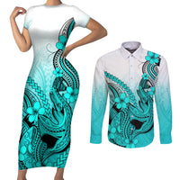 Hawaii Couples Matching Short Sleeve Bodycon Dress and Long Sleeve Button Shirts Polynesian Shark Tattoo With Plumeria Turquoise Gradient - Wonder Print Shop