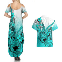 Hawaii Couples Matching Summer Maxi Dress and Hawaiian Shirt Polynesian Shark Tattoo With Plumeria Turquoise Gradient - Wonder Print Shop