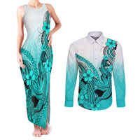 Hawaii Couples Matching Tank Maxi Dress and Long Sleeve Button Shirts Polynesian Shark Tattoo With Plumeria Turquoise Gradient - Wonder Print Shop