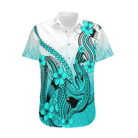 Hawaii Hawaiian Shirt Polynesian Shark Tattoo With Plumeria Turquoise Gradient - Wonder Print Shop