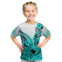 Hawaii Kid T Shirt Polynesian Shark Tattoo With Plumeria Turquoise Gradient - Wonder Print Shop