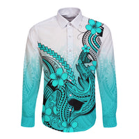Hawaii Long Sleeve Button Shirt Polynesian Shark Tattoo With Plumeria Turquoise Gradient - Wonder Print Shop