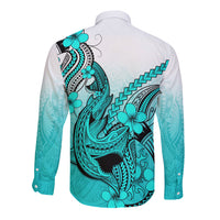 Hawaii Long Sleeve Button Shirt Polynesian Shark Tattoo With Plumeria Turquoise Gradient - Wonder Print Shop