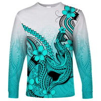 Hawaii Long Sleeve Shirt Polynesian Shark Tattoo With Plumeria Turquoise Gradient - Wonder Print Shop