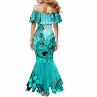 Turquoise mermaid maxi dress, off-shoulder with flowing hem and shark-floral print