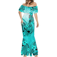 Turquoise mermaid maxi dress with off-shoulder cut and shark-flower tattoo print