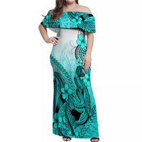 Hawaii Off Shoulder Maxi Dress Polynesian Shark Tattoo With Plumeria Turquoise Gradient - Wonder Print Shop