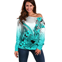 Hawaii Off Shoulder Sweater Polynesian Shark Tattoo With Plumeria Turquoise Gradient - Wonder Print Shop
