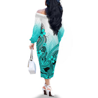Hawaii Off The Shoulder Long Sleeve Dress Polynesian Shark Tattoo With Plumeria Turquoise Gradient - Wonder Print Shop