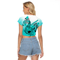 Hawaii Raglan Cropped T Shirt Polynesian Shark Tattoo With Plumeria Turquoise Gradient - Wonder Print Shop