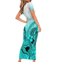Hawaii Short Sleeve Bodycon Dress Polynesian Shark Tattoo With Plumeria Turquoise Gradient - Wonder Print Shop