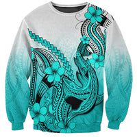 Hawaii Sweatshirt Polynesian Shark Tattoo With Plumeria Turquoise Gradient - Wonder Print Shop
