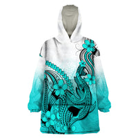 Hawaii Wearable Blanket Hoodie Polynesian Shark Tattoo With Plumeria Turquoise Gradient - Wonder Print Shop