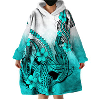Hawaii Wearable Blanket Hoodie Polynesian Shark Tattoo With Plumeria Turquoise Gradient - Wonder Print Shop