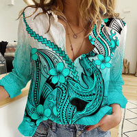 Hawaii Women Casual Shirt Polynesian Shark Tattoo With Plumeria Turquoise Gradient - Wonder Print Shop