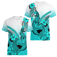 Hawaii Women V Neck T Shirt Polynesian Shark Tattoo With Plumeria Turquoise Gradient - Wonder Print Shop