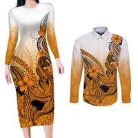 Hawaii Couples Matching Long Sleeve Bodycon Dress and Long Sleeve Button Shirts Polynesian Shark Tattoo With Plumeria Orange Gradient - Wonder Print Shop