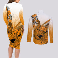 Hawaii Couples Matching Long Sleeve Bodycon Dress and Long Sleeve Button Shirts Polynesian Shark Tattoo With Plumeria Orange Gradient - Wonder Print Shop