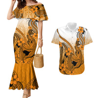 Hawaii Couples Matching Mermaid Dress And Hawaiian Shirt Polynesian Shark Tattoo With Plumeria Orange Gradient - Wonder Print Shop