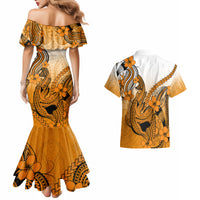 Hawaii Couples Matching Mermaid Dress And Hawaiian Shirt Polynesian Shark Tattoo With Plumeria Orange Gradient - Wonder Print Shop
