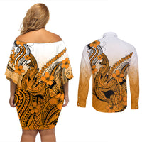 Hawaii Couples Matching Off Shoulder Short Dress and Long Sleeve Button Shirts Polynesian Shark Tattoo With Plumeria Orange Gradient - Wonder Print Shop