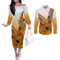 hawaii-couples-matching-off-the-shoulder-long-sleeve-dress-and-long-sleeve-button-shirts-polynesian-shark-tattoo-with-plumeria-orange-gradient
